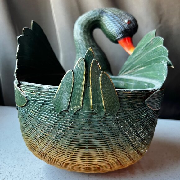 Handcrafted Woven Duck Basket Green & Orange Decorative Storage Piece Natural - Picture 4 of 10